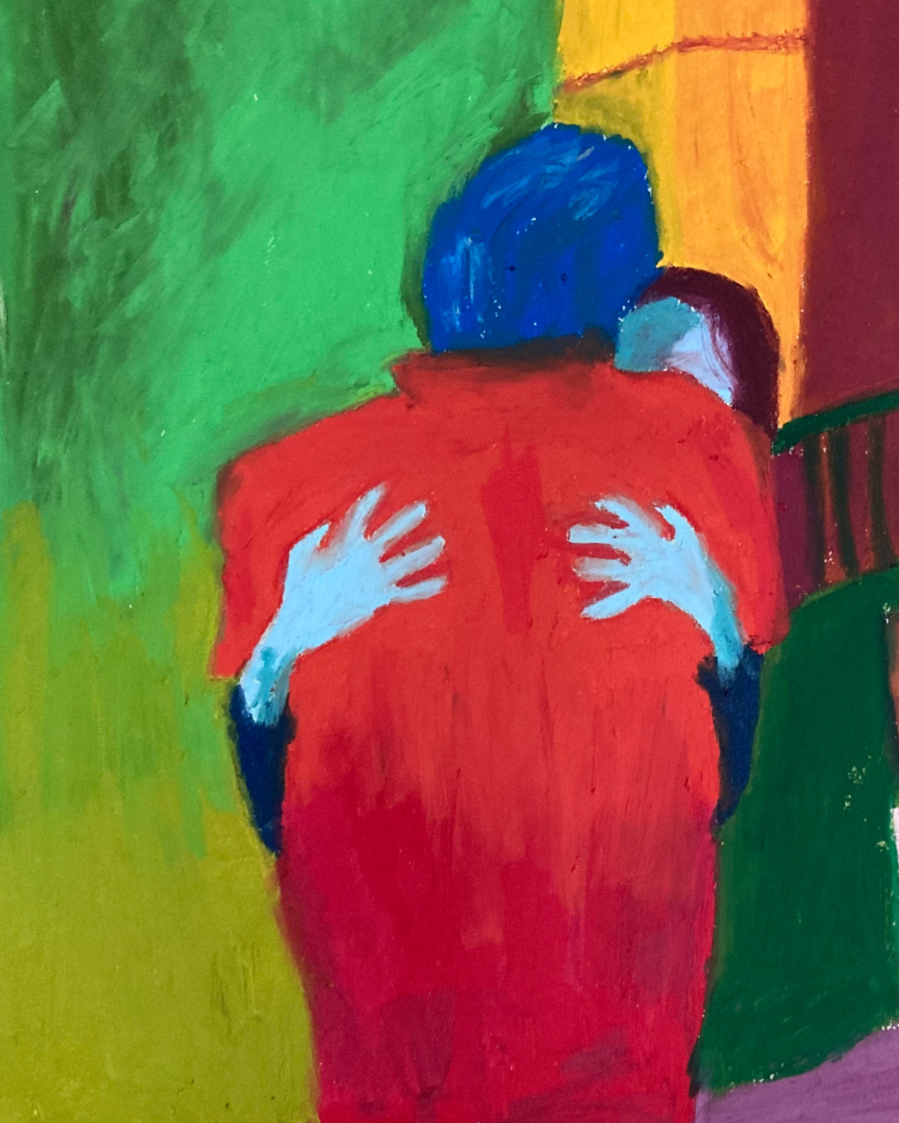 Oil pastel painting on paper by Alexandre Desane, gestural figure suspended in color.