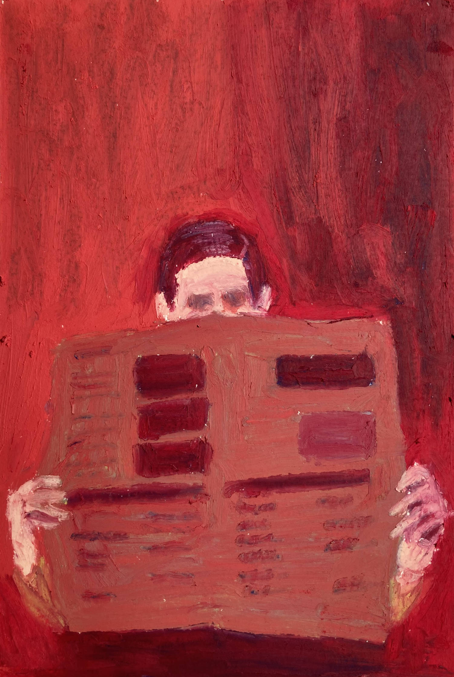 Oil pastel painting on paper by Alexandre Desane, red monochrome figure detail.