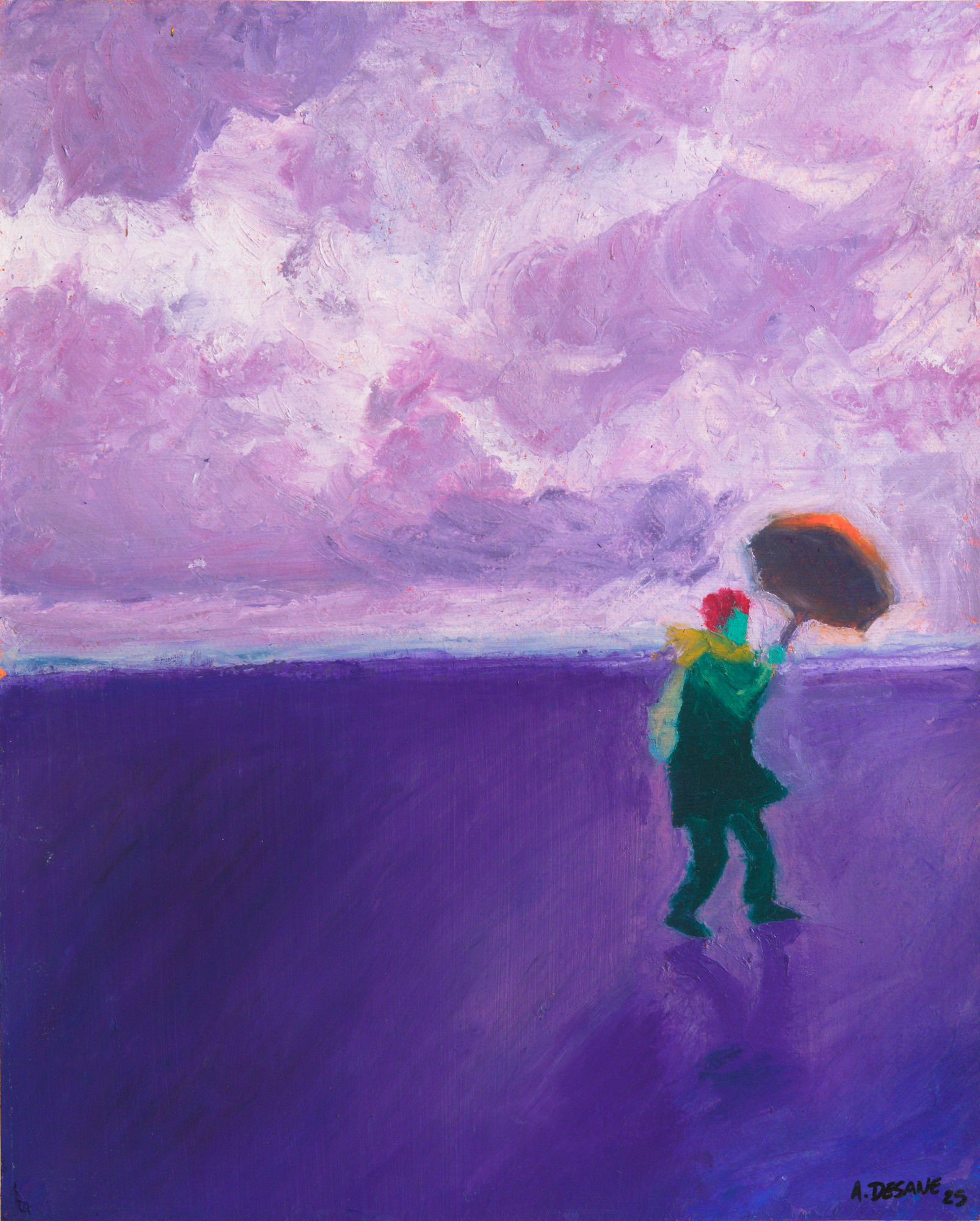 Contemporary figurative oil pastel painting by Alexandre Desane with green tonalities.