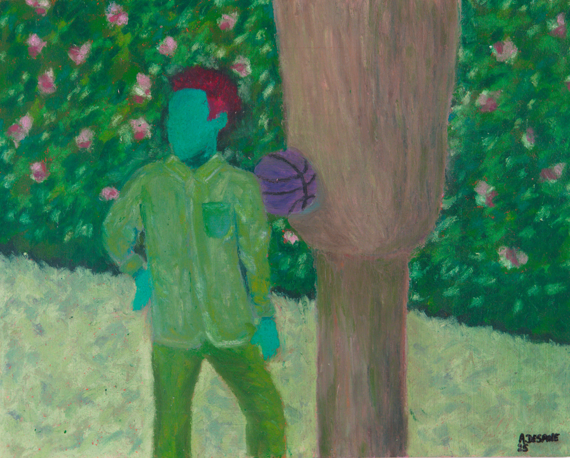 Contemporary figurative oil pastel painting by Alexandre Desane with green tonalities.