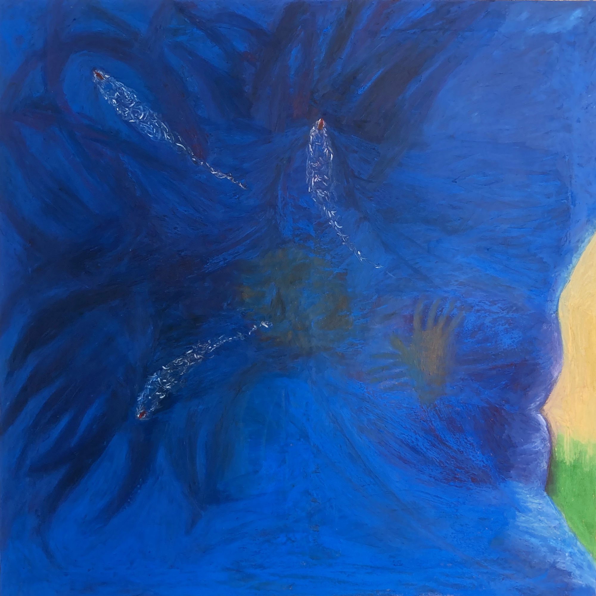 Oil pastel painting on canvas by Alexandre Desane, gestural figure suspended in color.