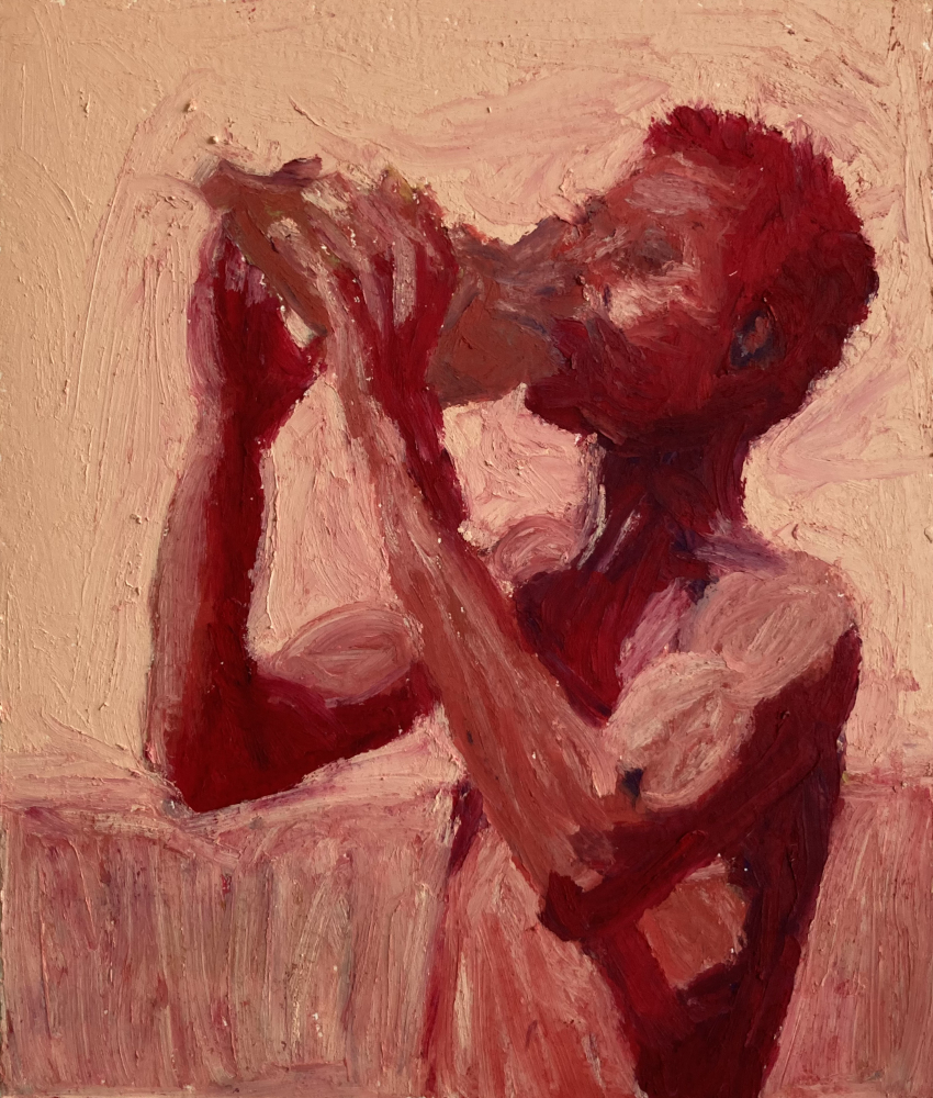 Oil pastel painting on paper by Alexandre Desane, red monochrome figure detail.