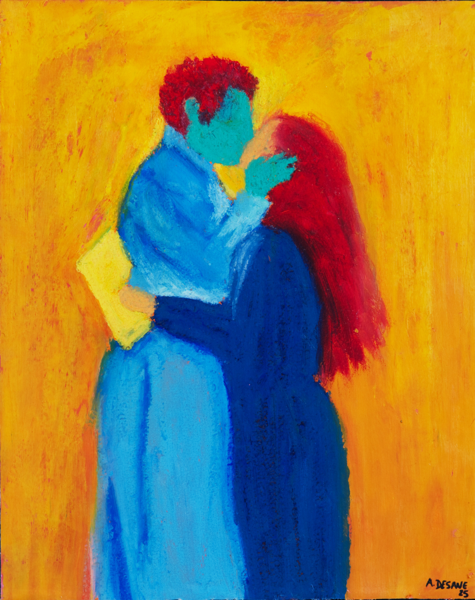 Contemporary figurative oil pastel painting by Alexandre Desane with green tonalities.