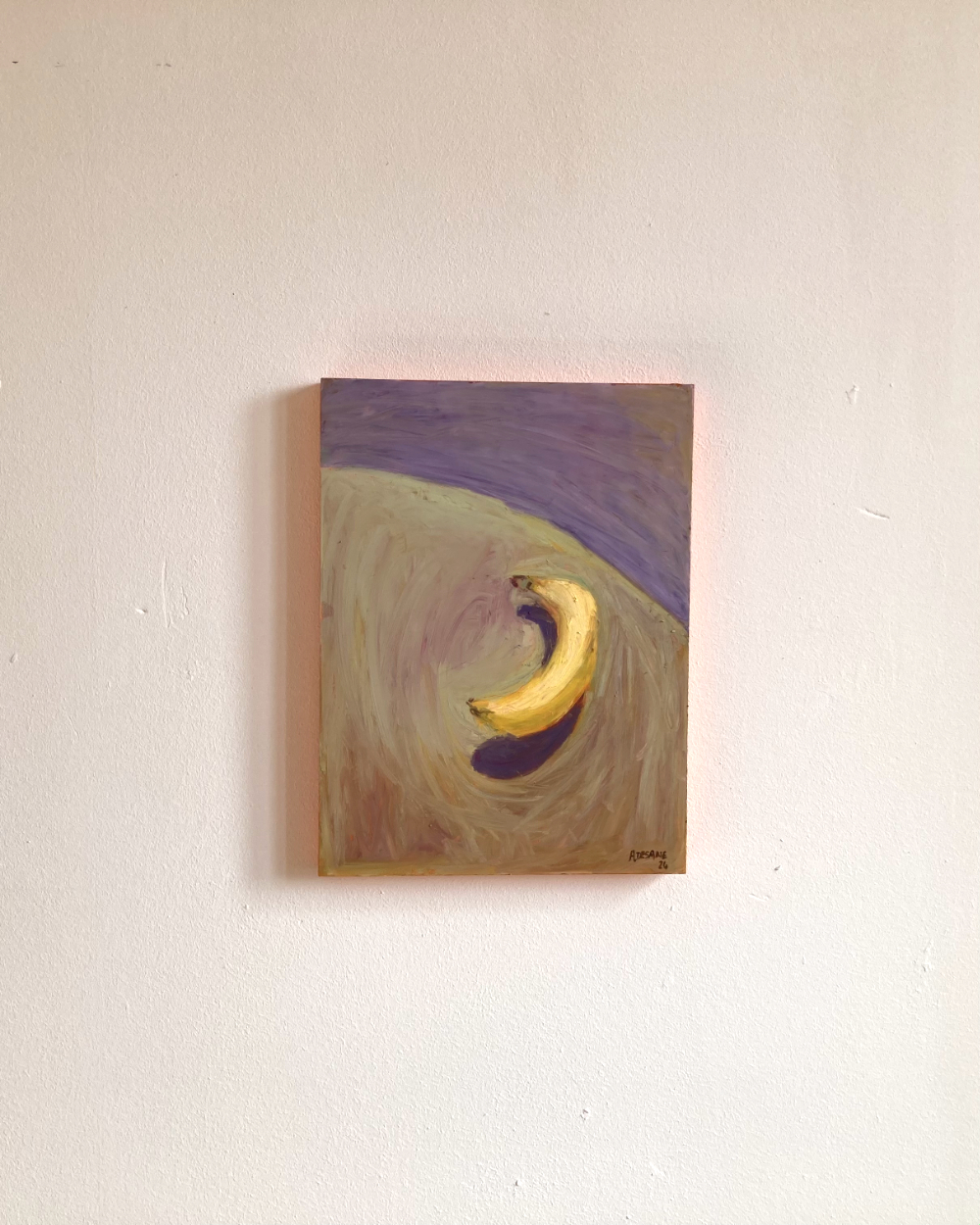 painting of a banana levitating on a green table in front of a purple wall