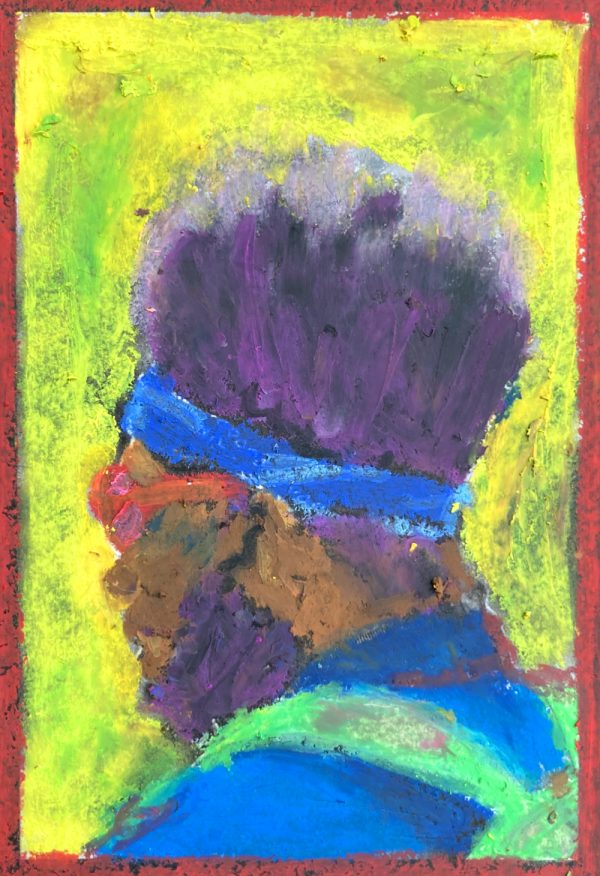 profile painting of a black man with purple afro hair