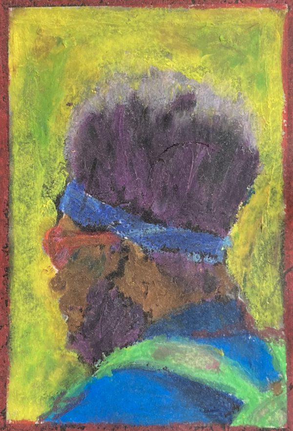 profile painting of a black man with purple afro hair