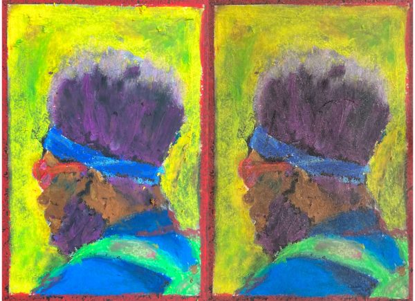 two profile painting of a black man with purple afro hair